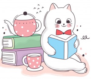 kitty reading time with tea